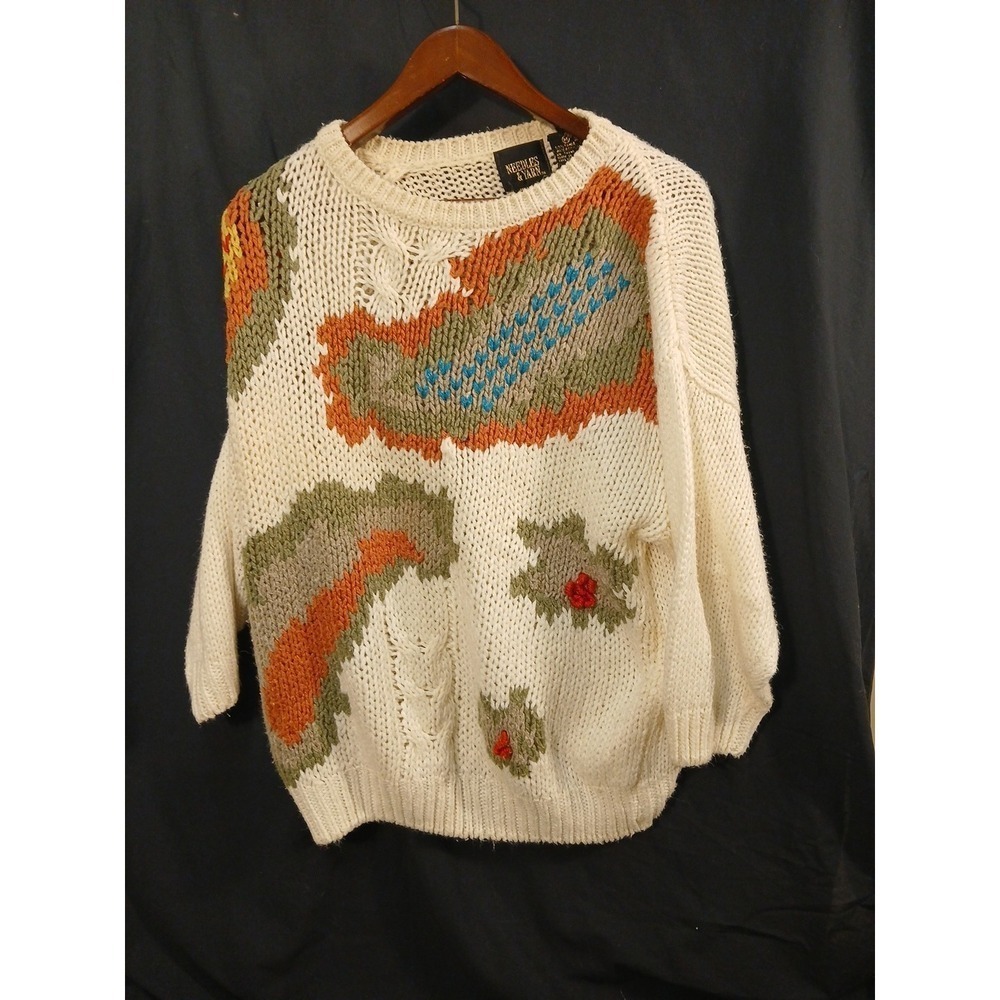 Vintage Needles Yarn Sweater Women Large White Hand Knit Argyle Artsy 90s Casual